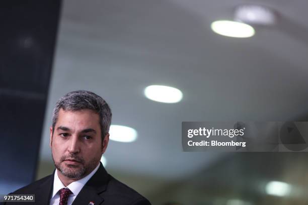 Mario Benitez, Paraguay's president-elect, listens during a press conference after meeting with Michel Temer, Brazil's president, not pictured, at...