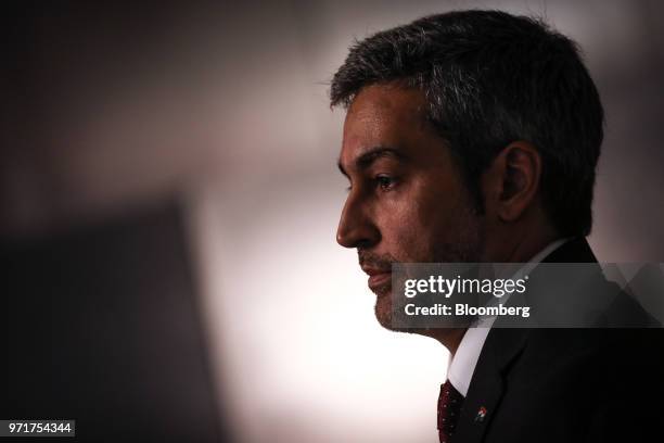 Mario Benitez, Paraguay's president-elect, listens during a press conference after meeting with Michel Temer, Brazil's president, not pictured, at...