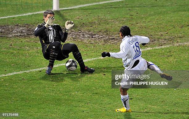 Auxerre's French forward Contout Roy vies with Lille's French goalkeeper Mickael Landreau to score a goal during the French L1 football match Lille...