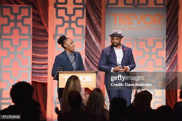 Lena Waithe accepts the Hero Award from Justin Simien onstage during The Trevor Project TrevorLIVE NYC at Cipriani Wall Street on June 11, 2018 in...