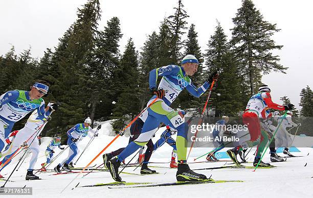 Lari Lehtonen of Finland competes during the Men's 50 km Mass Start Classic cross-country skiing on day 17 of the 2010 Vancouver Winter Olympics at...