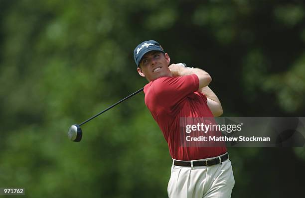 Juston Leonard hits off the fifth tee during the first round July 4, 2002 of the Advil Western Open at Cog Hill Golf and Country Club in Lemont,...