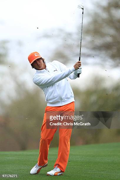Rickie Fowler plays his second shot on the second hole during the final round of the Waste Management Phoenix Open at TPC Scottsdale on February 28,...