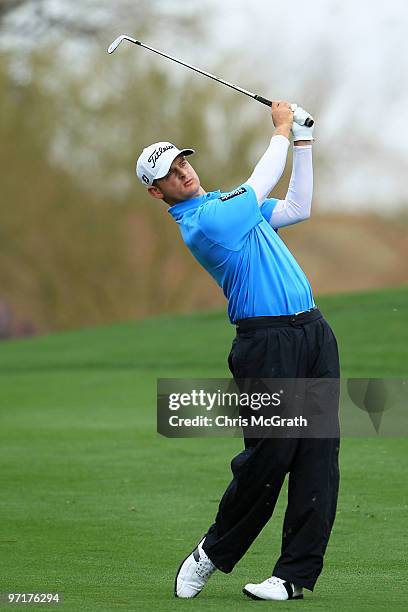 John Merrick plays his second shot on the second hole during the final round of the Waste Management Phoenix Open at TPC Scottsdale on February 28,...