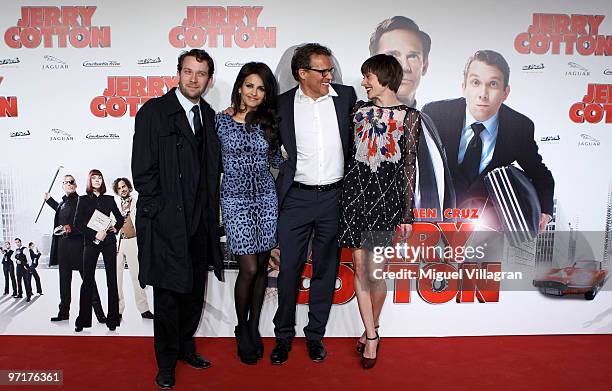 Actors Christian Ulmen, Monica Cruz, Christian Tramitz and Christiane Paul attend the German premiere of 'Jerry Cotton' on February 28, 2010 in...