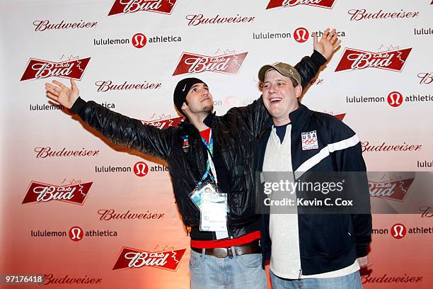 Curlers Jason Smith and John Shuster arrive to the Club Bud lululemon athletica Party on February 27, 2010 at the Commodore Ballroom in Vancouver,...