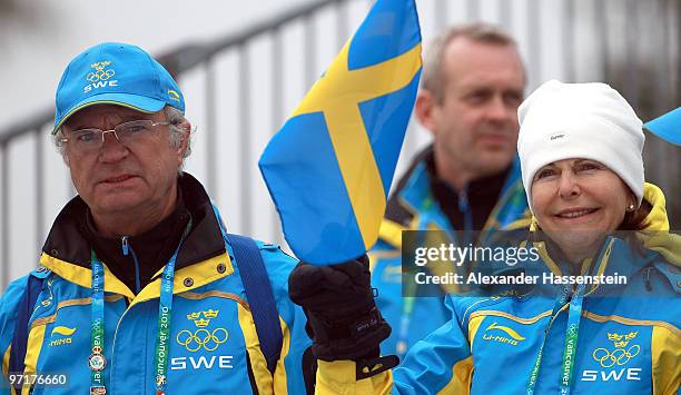 King Carl XVI Gustaf of Sweden and Queen Silvia attend the Men's 50 km Mass Start Classic cross-country skiing on day 17 of the 2010 Vancouver Winter...