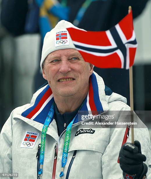 King Harald V of Norway attends the Men's 50 km Mass Start Classic cross-country skiing on day 17 of the 2010 Vancouver Winter Olympics at Whistler...