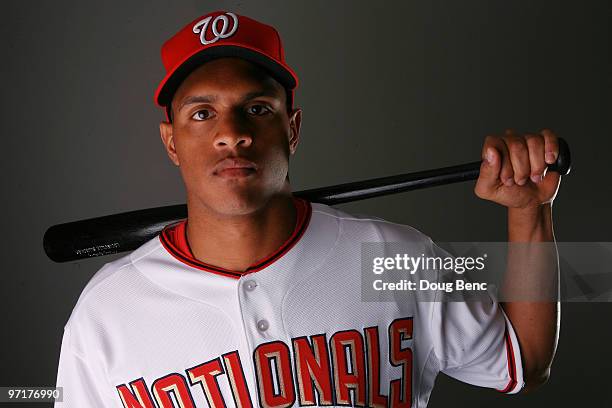 Outfielder Justin Maxwell of the Washington Nationals poses during photo day at Space Coast Stadium on February 28, 2010 in Viera, Florida.