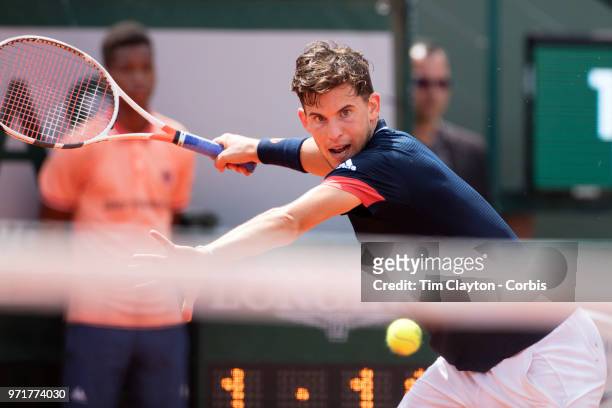 June 8. French Open Tennis Tournament - Day Thirteen. Dominic Theim of Austria in action against Marco Cecchinato of Italy on Court Philippe-Chatrier...