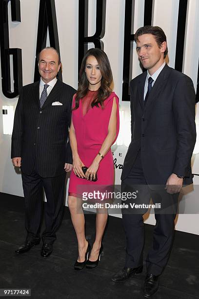 Michele Norsa, Maggie Q and James Ferragamo attend "Greta Garbo. The Mystery Of Style" opening exhibition during Milan Fashion Week Womenswear A/W...
