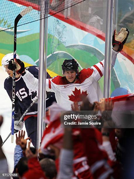 Corey Perry of Canada celebrates after scoring against United States in the second period during the ice hockey men's gold medal game between USA and...