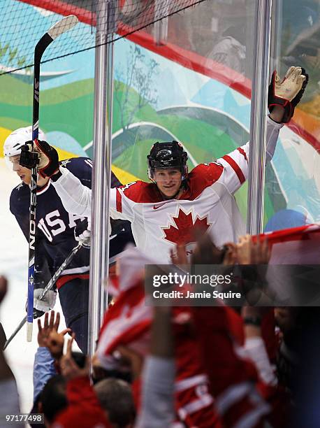 Corey Perry of Canada celebrates after scoring his team's second goal during the ice hockey men's gold medal game between USA and Canada on day 17 of...