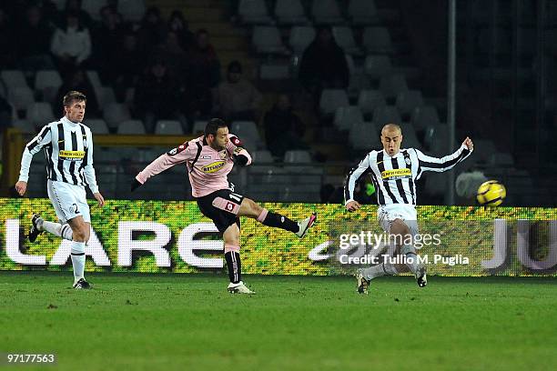 Fabrizio Miccoli of Palermo scores the opening goal during the Serie A match between Juventus and Palermo at Stadio Olimpico di Torino on February...