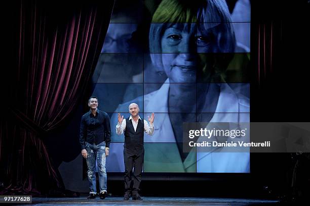 Designers Stefano Gabbana and Domenico Dolce acknowledge the applause of the public after the Dolce & Gabbana Milan Fashion Week Autumn/Winter 2010...