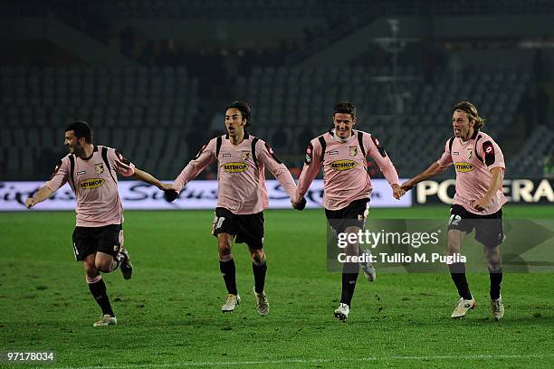 Cesare Bovo, Mattia Cassani, Igor Budan and Federico Balzaretti of Palermo celebrate after winning the Serie A match between Juventus and Palermo at...