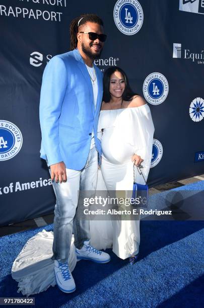 Kenley Jansen and Gianni Jansen attend the Fourth Annual Los Angeles Dodgers Foundation Blue Diamond Gala at Dodger Stadium on June 11, 2018 in Los...