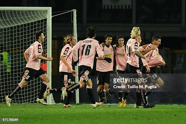 Igor Budan of Palermo and his team mates celebrate the second goal during the Serie A match between Juventus and Palermo at Stadio Olimpico di Torino...