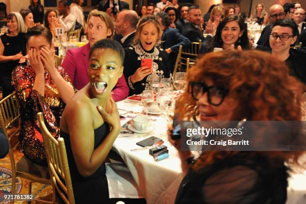 Lauren Morelli, Samira Wiley and Natasha Lyonne react to winning an auction during The Trevor Project TrevorLIVE NYC at Cipriani Wall Street on June...