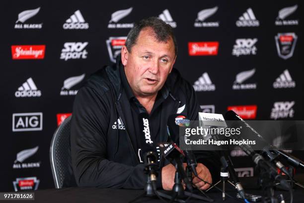 Assistant coach Ian Foster speaks to media during a New Zealand All Blacks press conference on June 12, 2018 in Wellington, New Zealand.