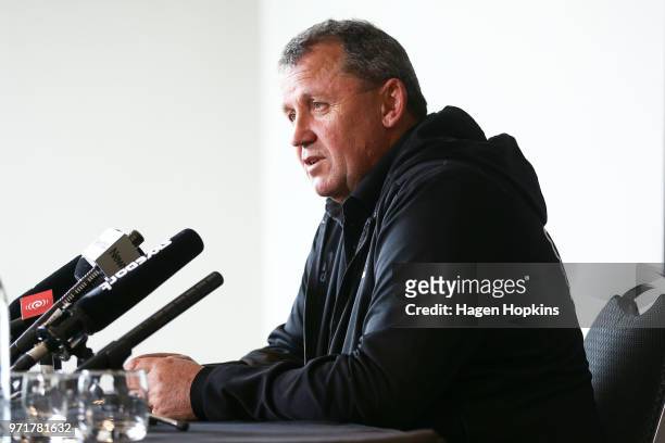 Assistant coach Ian Foster speaks to media during a New Zealand All Blacks press conference on June 12, 2018 in Wellington, New Zealand.