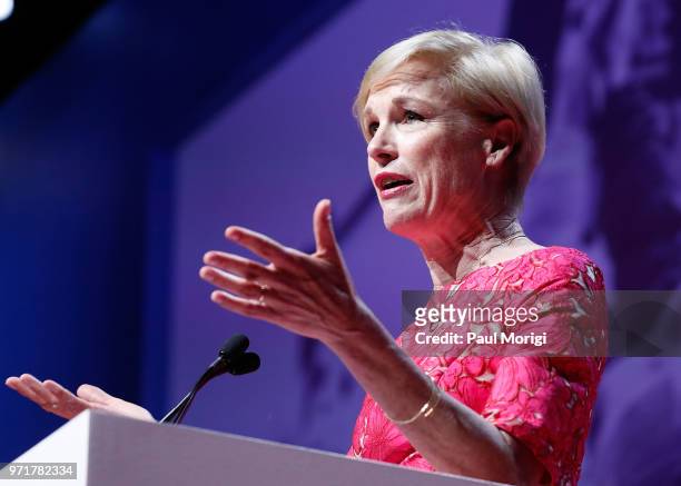 Honoree Cecile Richards, President of Planned Parenthood, speaks at the 2018 ACLU National Conference at the Washington Convention Center on June 11,...