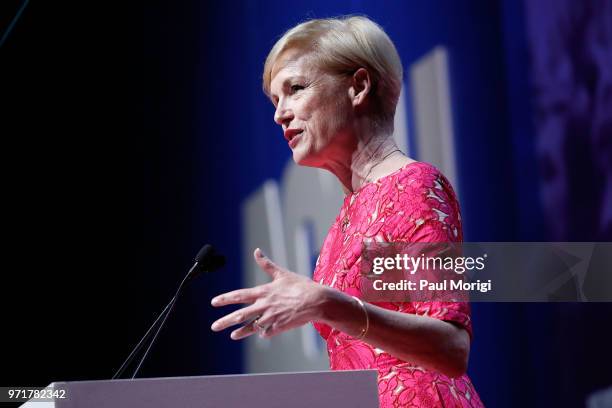 Honoree Cecile Richards, President of Planned Parenthood, speaks at the 2018 ACLU National Conference at the Washington Convention Center on June 11,...