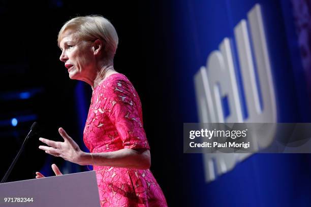 Honoree Cecile Richards, President of Planned Parenthood, speaks at the 2018 ACLU National Conference at the Washington Convention Center on June 11,...