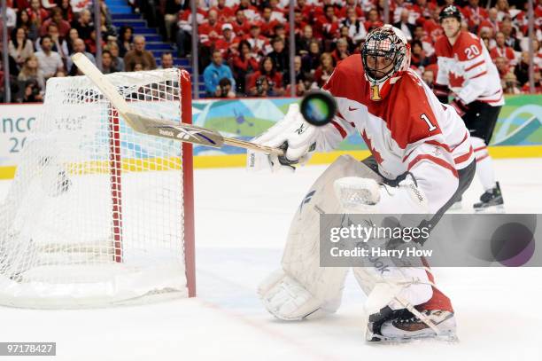 Roberto Luongo of Canada makes a save during the ice hockey men's gold medal game between USA and Canada on day 17 of the Vancouver 2010 Winter...