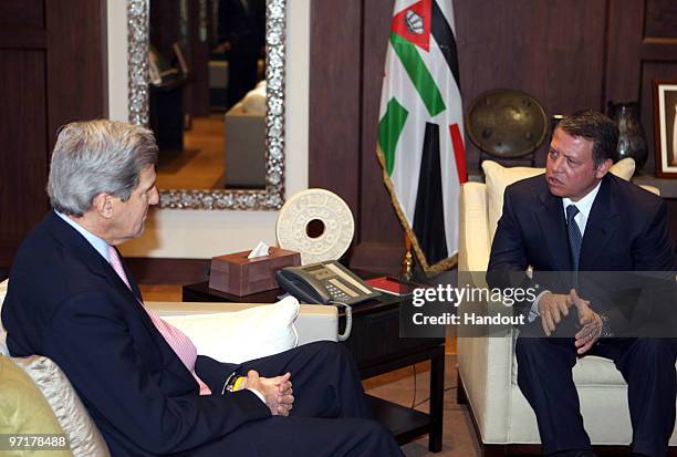 In this handout photo provided by the Jordanian Royal Court, U.S. Sen. John Kerry , Chairman of the US Senate Foreign Relations Committee meets with...