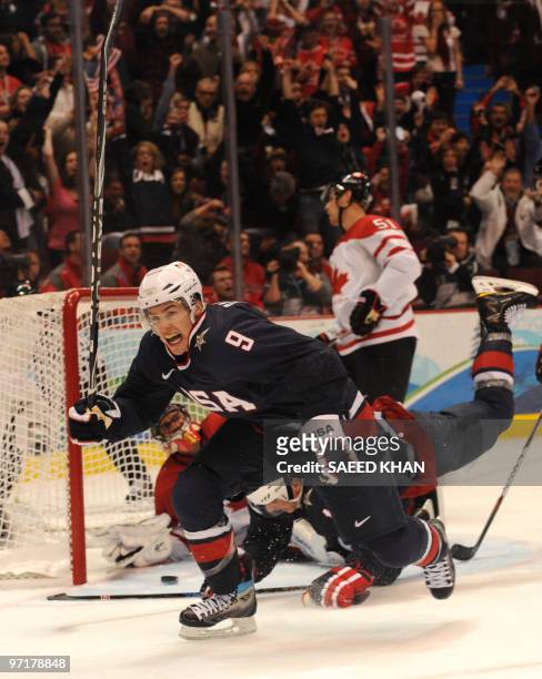 Zach Parise of the US celebrates a goal against Canada in the men's gold medal Ice Hockey match against the US at Canada Hockey Place during the...