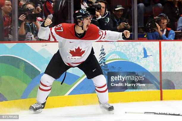 Sidney Crosby of Canada celebrates after scoring the matchwinning goal in overtime during the ice hockey men's gold medal game between USA and Canada...