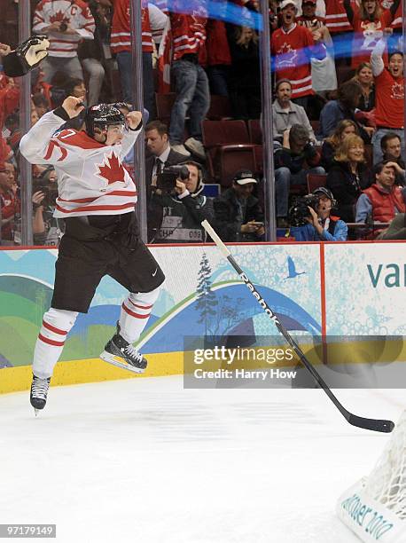 Sidney Crosby of Canada celebrates after scoring the matchwinning goal in overtime during the ice hockey men's gold medal game between USA and Canada...