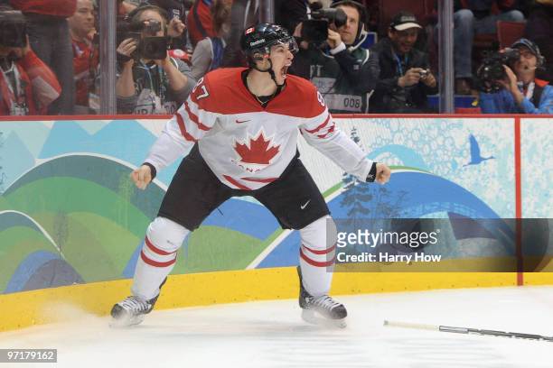Sidney Crosby of Canada celebrates after scoring the matchwinning goal in overtime during the ice hockey men's gold medal game between USA and Canada...