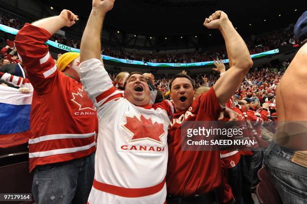 Canadian fans celebrate victory over the US in the men's gold medal Ice Hockey match against the US at Canada Hockey Place during the Vancouver...
