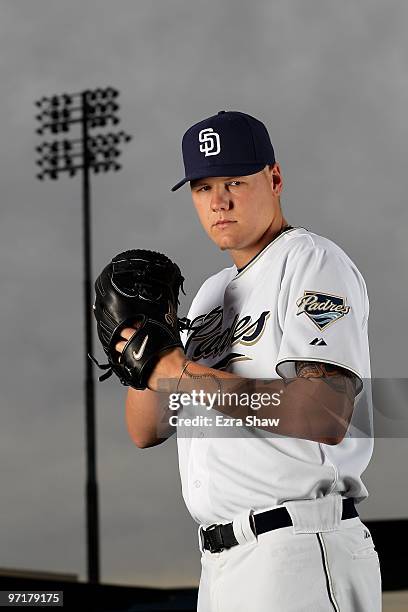 Mat Latos of the San Diego Padres poses during photo media day at the Padres spring training complex on February 27, 2010 in Peoria, Arizona.