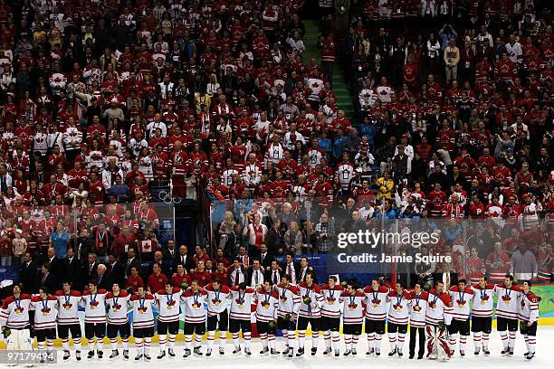 Team Canada celebrates with the gold medal after winning the ice hockey men's gold medal game between USA and Canada on day 17 of the Vancouver 2010...