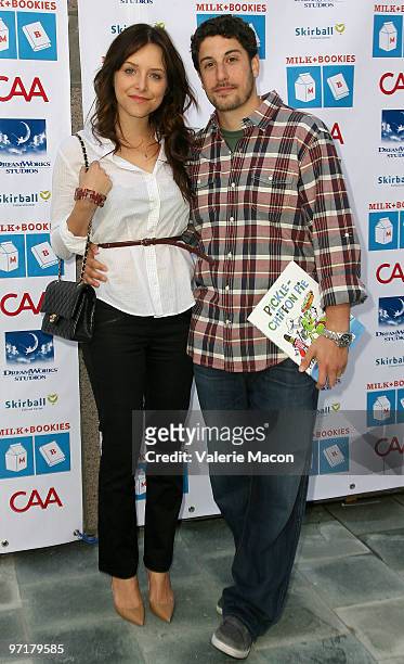 Actors Jenny Mollen and Jason Biggs arrive at Milk + Bookies 1st Annual Story Time Celebration at Skirball Cultural Center on February 28, 2010 in...