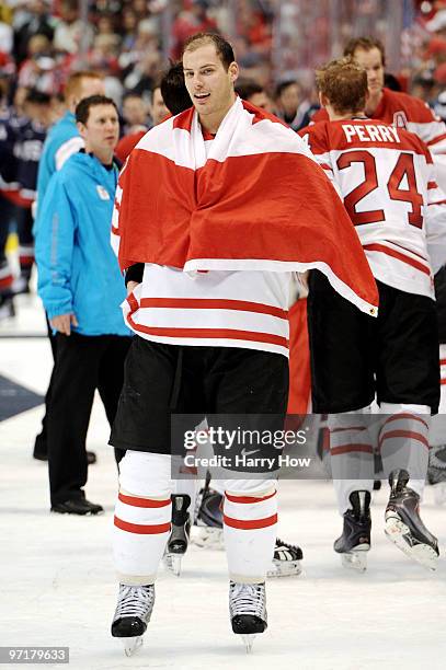 Ryan Getzlaf of Canada celebrates following his team's 3-2 overtime victory during the ice hockey men's gold medal game between USA and Canada on day...