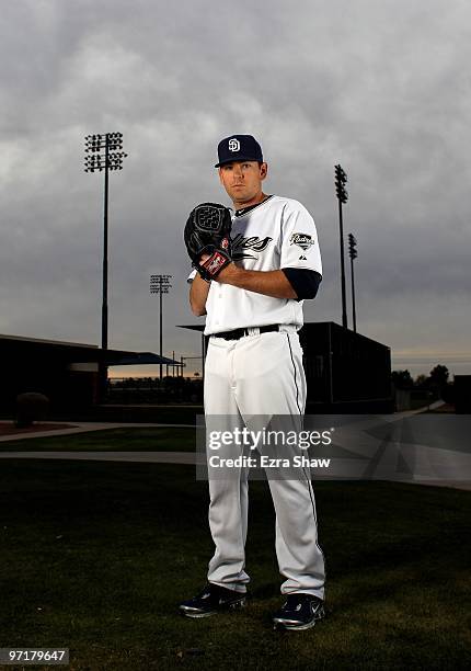 Tim Stauffer of the San Diego Padres poses during photo media day at the Padres spring training complex on February 27, 2010 in Peoria, Arizona.