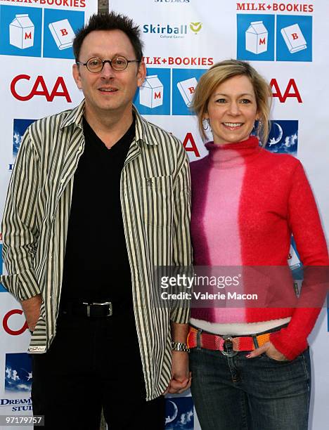 Actors Michael Emerson and Carrie Preston arrive at Milk + Bookies 1st Annual Story Time Celebration at Skirball Cultural Center on February 28, 2010...