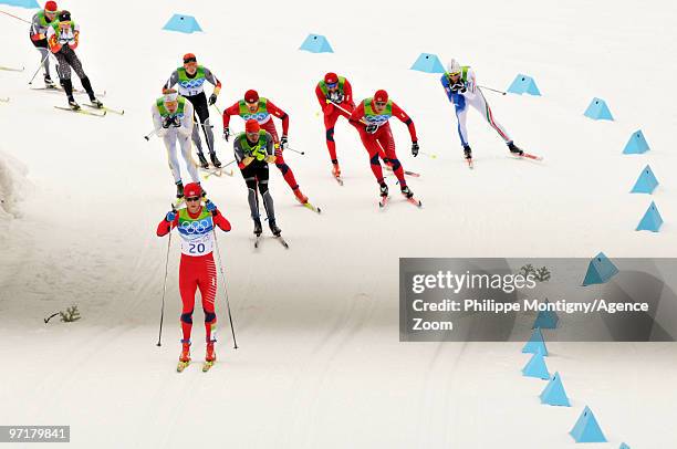 General view of athletes during the Men's Cross Country Skiing 50km Mass Start Classic on Day 17 of the 2010 Vancouver Winter Olympic Games on...