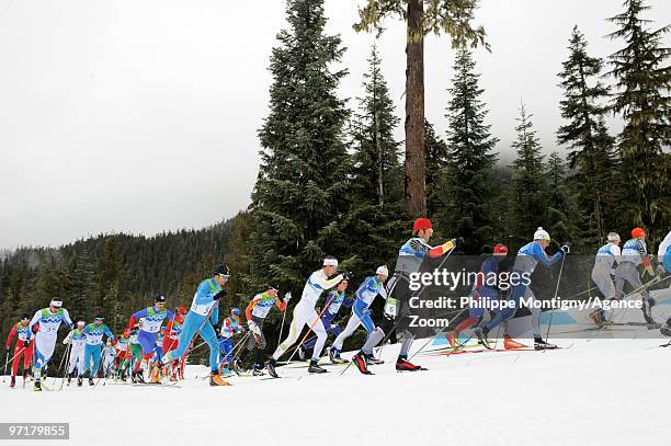 General view of athletes during the Men's Cross Country Skiing 50km Mass Start Classic on Day 17 of the 2010 Vancouver Winter Olympic Games on...