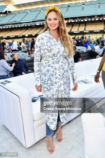 Chrissy Teigen attends the Fourth Annual Los Angeles Dodgers Foundation Blue Diamond Gala at Dodger Stadium on June 11, 2018 in Los Angeles,...