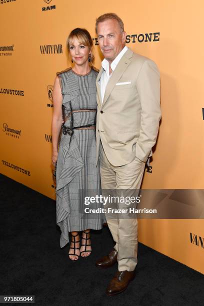 Christine Baumgartner and Kevin Costner attend "Yellowstone" premiere at Paramount Pictures on June 11, 2018 in Los Angeles, California.