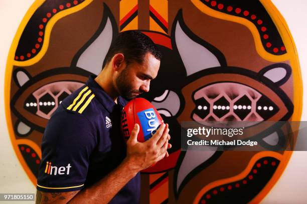 Shaun Burgoyne of the Hawthorn Hawks poses in front of an Indigenous artwork designed by teammate Cyril Rioli during a press conference at Waverley...