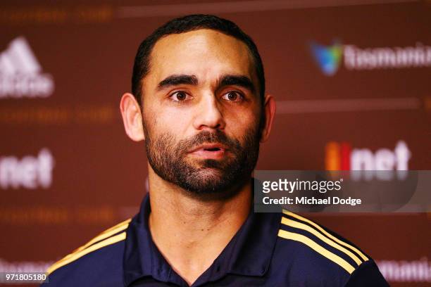 Shaun Burgoyne of the Hawthorn Hawks speaks to the media during a press conference at Waverley Park on June 12, 2018 in Melbourne, Australia.