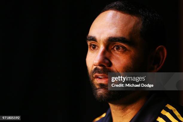 Shaun Burgoyne of the Hawthorn Hawks speaks to the media during a press conference at Waverley Park on June 12, 2018 in Melbourne, Australia.