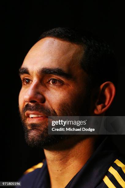 Shaun Burgoyne of the Hawthorn Hawks speaks to the media during a press conference at Waverley Park on June 12, 2018 in Melbourne, Australia.