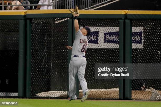 Lonnie Chisenhall of the Cleveland Indians catches a fly ball in the fourth inning against the Chicago White Sox at Guaranteed Rate Field on June 11,...